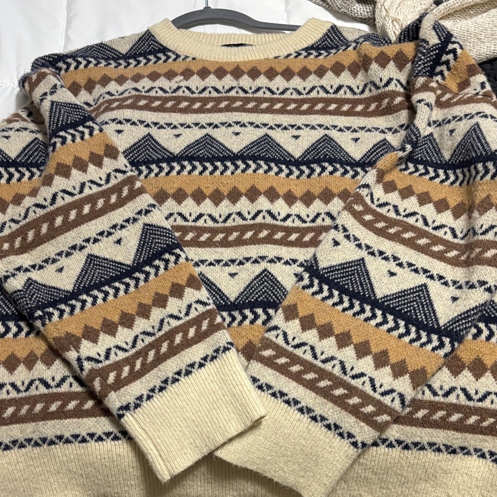 Women's Geometric Pattern Sweater - Cream, Brown, and Blue